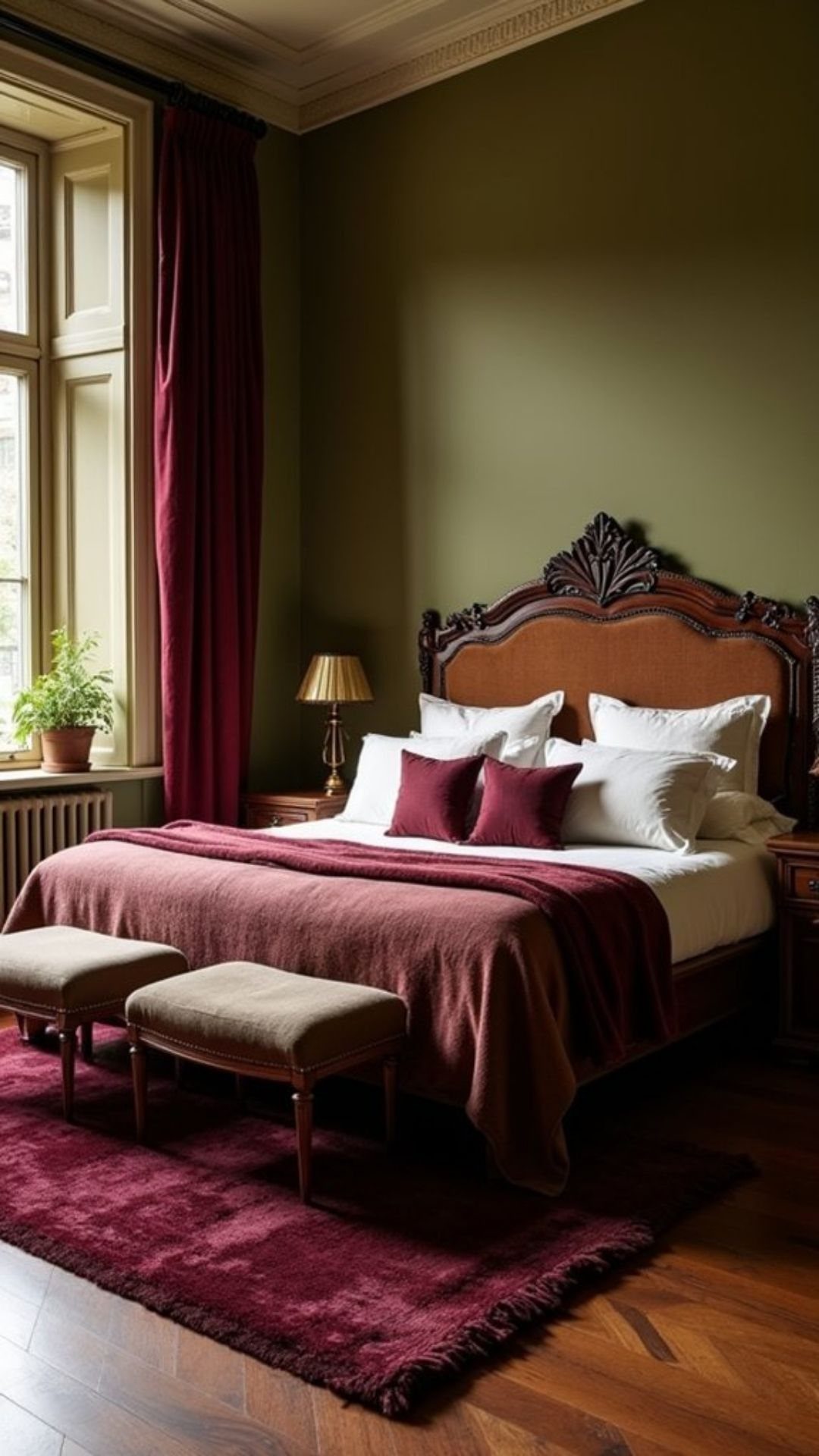 Burgundy curtains and bedding in a bedroom with dark green walls and wooden floors