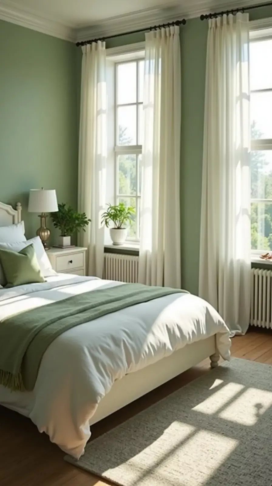 Cream curtains hanging against sage green walls in a bright, modern bedroom.