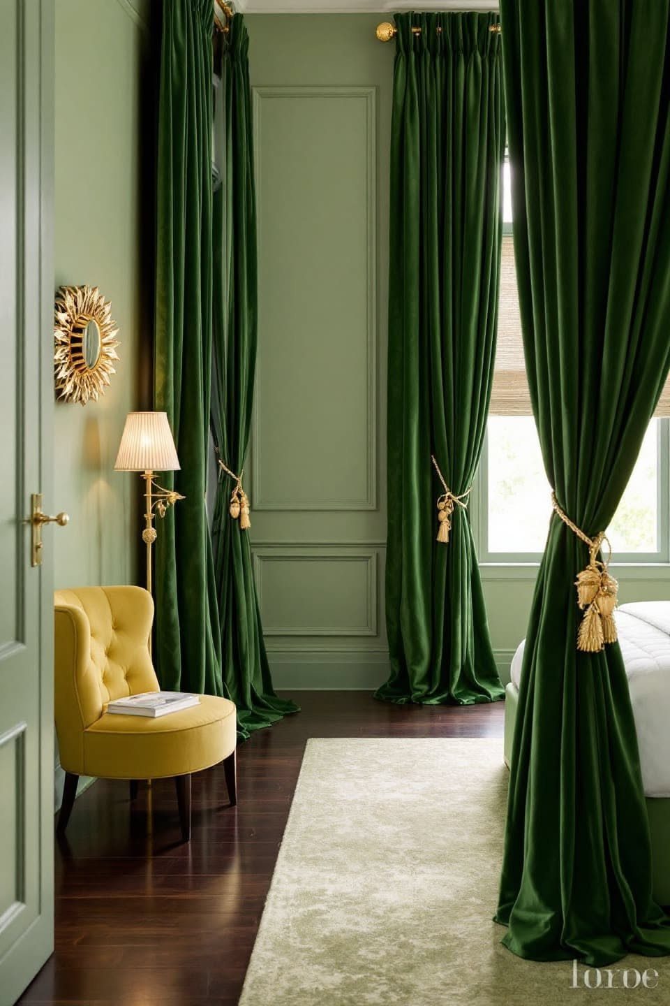 Dark green velvet curtains with gold tassels against sage green walls.
