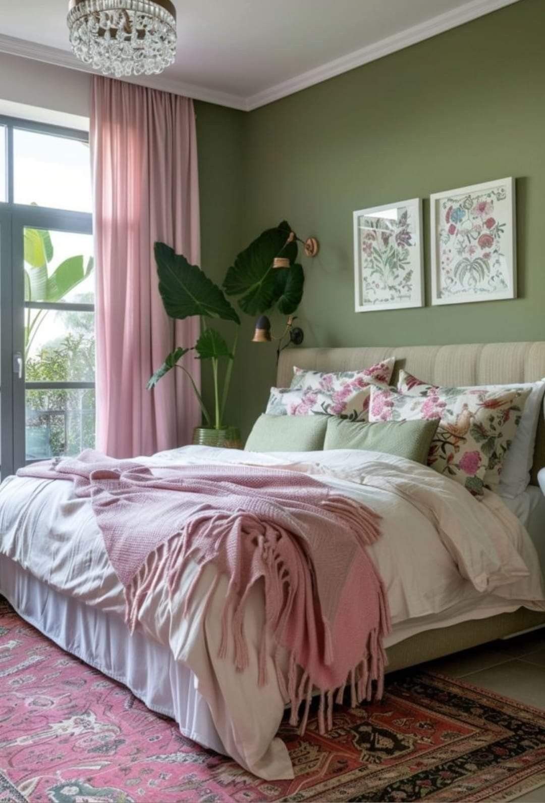 Dusty pink curtains hanging against dark green walls in a cozy bedroom.