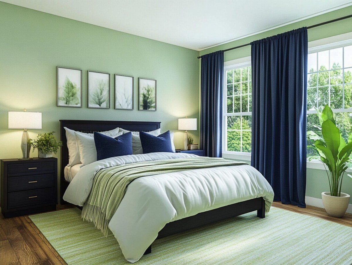 Navy blue curtains and sage green walls in a modern bedroom setup.