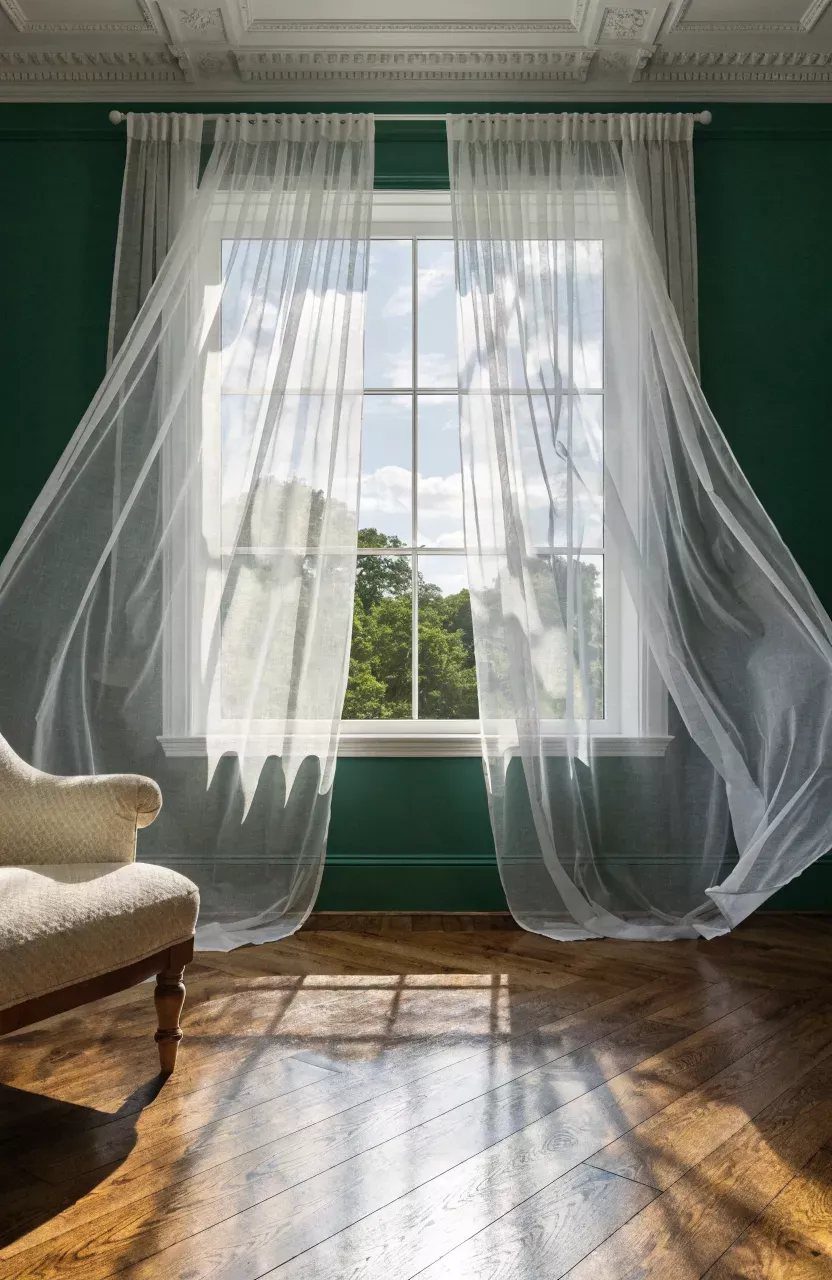 Sheer white curtains hanging against dark green walls in a sunlit room.