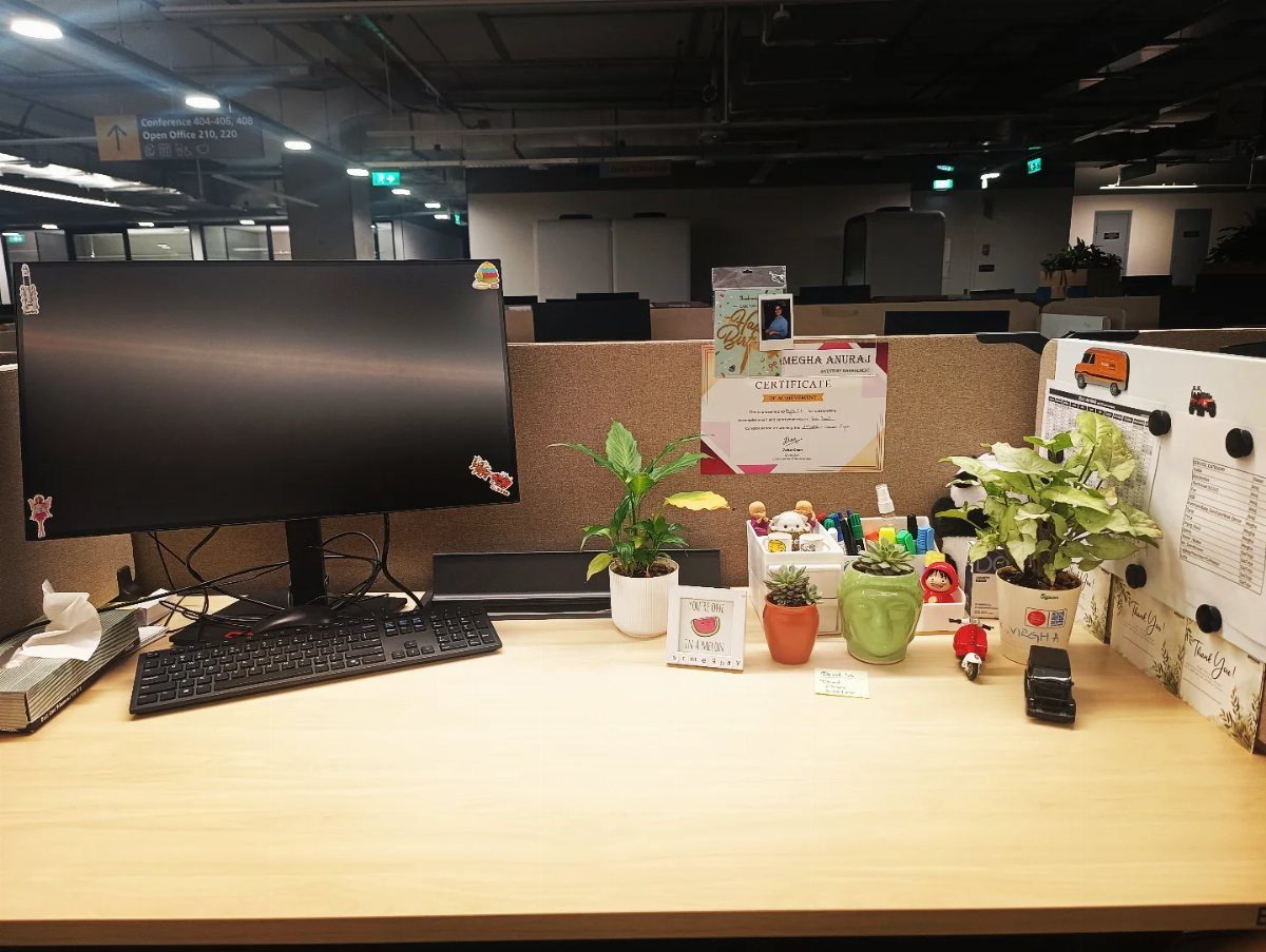Small potted green plants arranged on a light wood office cubicle desk.