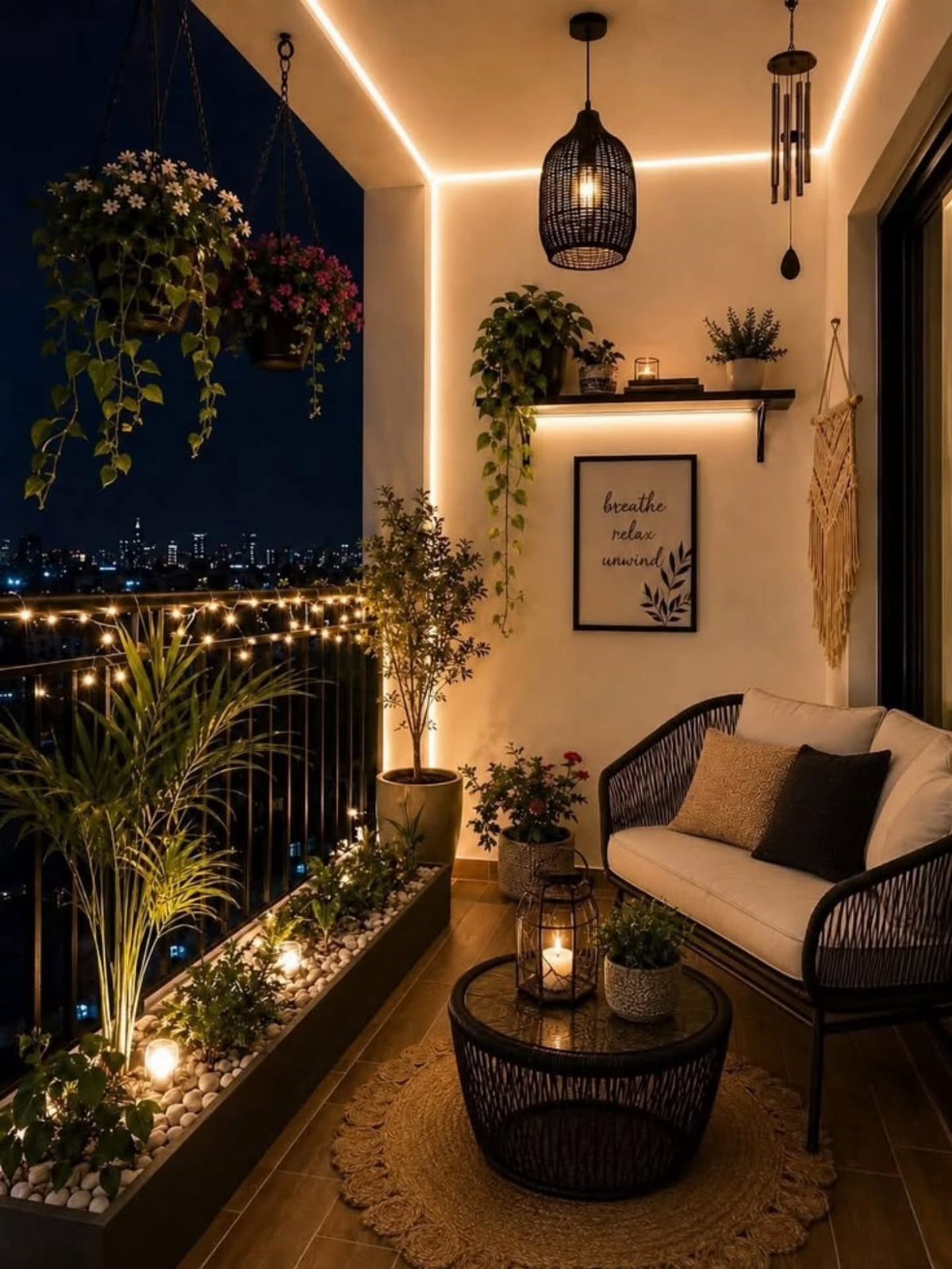Cozy balcony nook with a white loveseat, round coffee table, and warm ambient lighting.