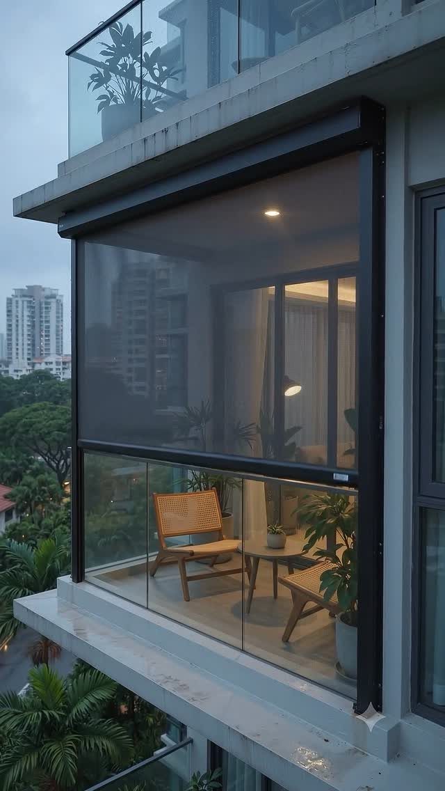 Retractable dark grey privacy screen on a modern balcony with wooden furniture and plants