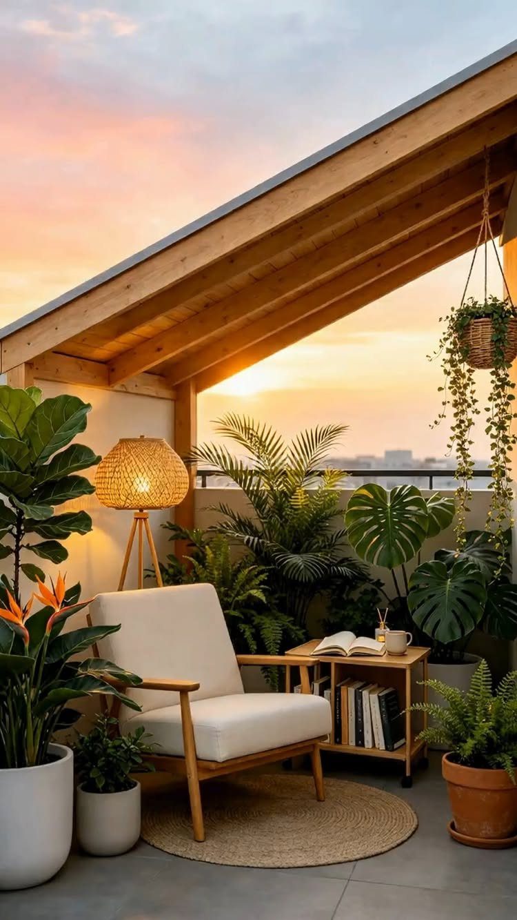 Cozy balcony with white armchair, jute rug, wooden table, and many green plants.