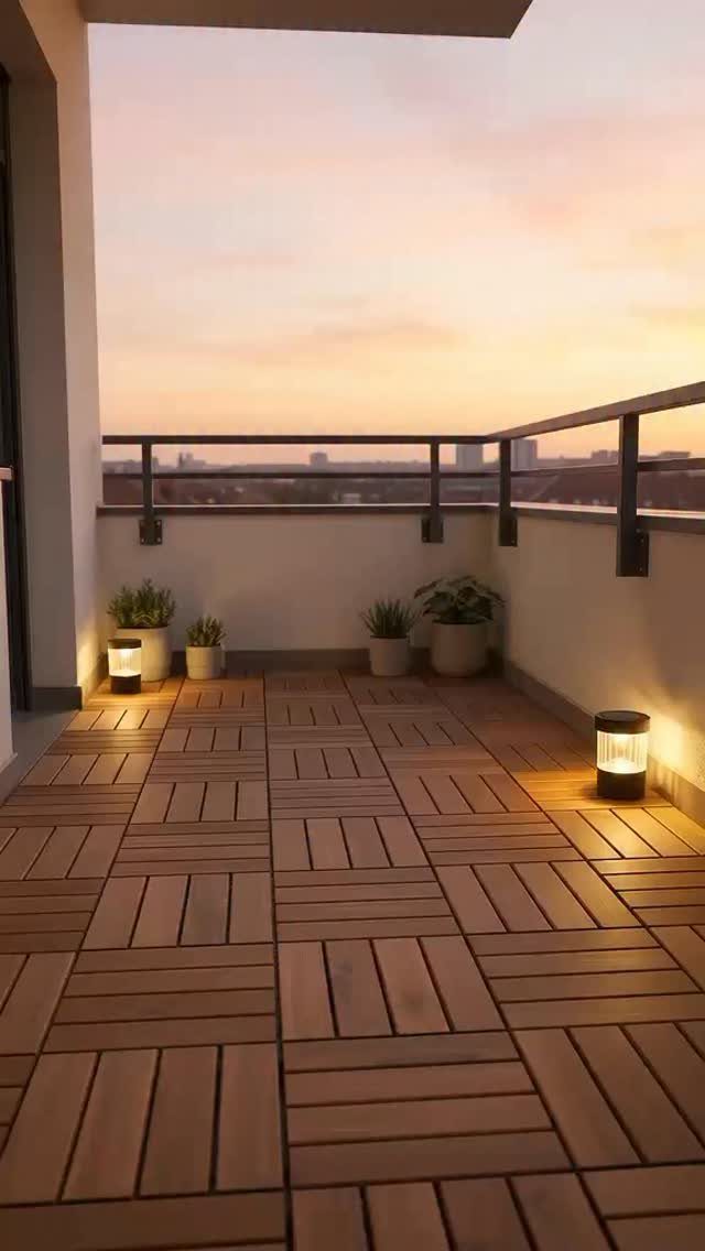Wooden interlocking deck tiles on a small balcony with potted plants and lanterns.