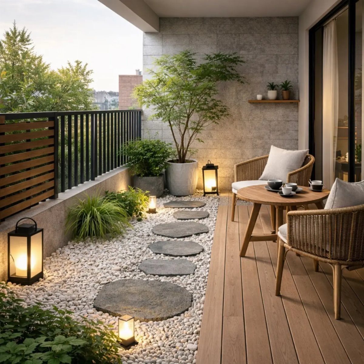 Modern balcony with wooden decking, white pebbles, and glowing black lanterns for lighting.