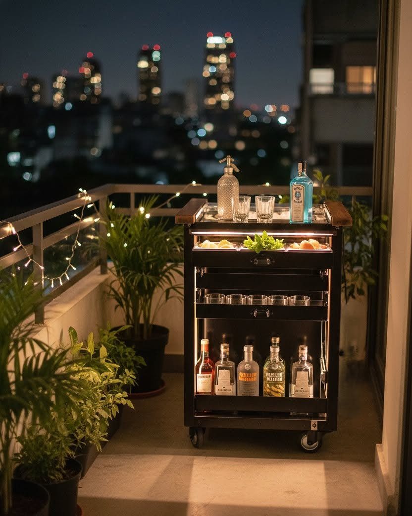 Black metal bar cart with liquor bottles and glasses on a cozy balcony.