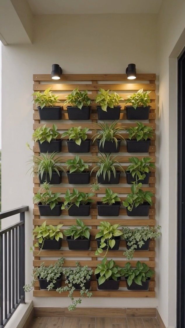 Vertical wooden wall planter with rows of green plants on a balcony