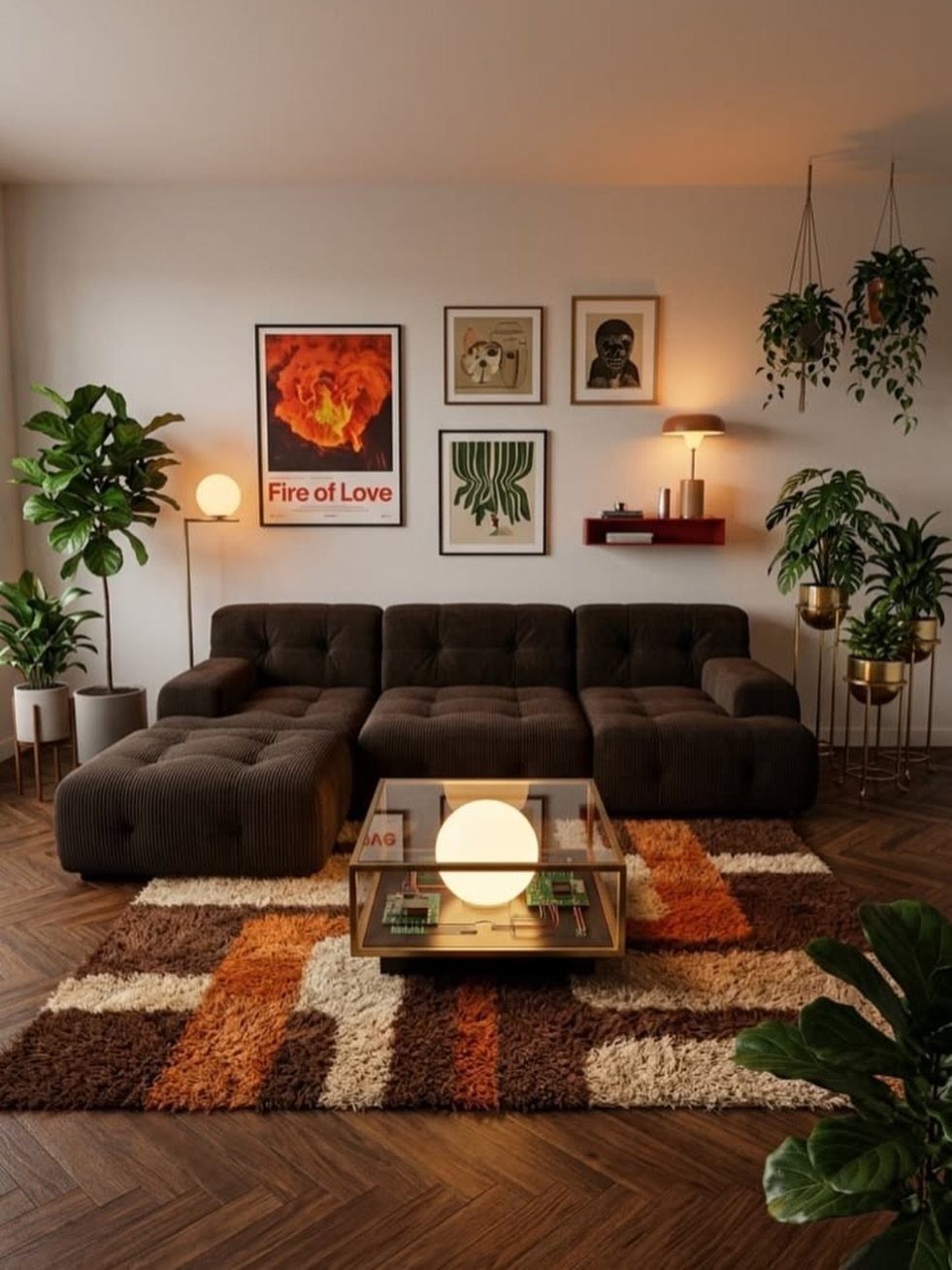 Dark brown tufted sectional sofa in a mid century modern living room with plants.
