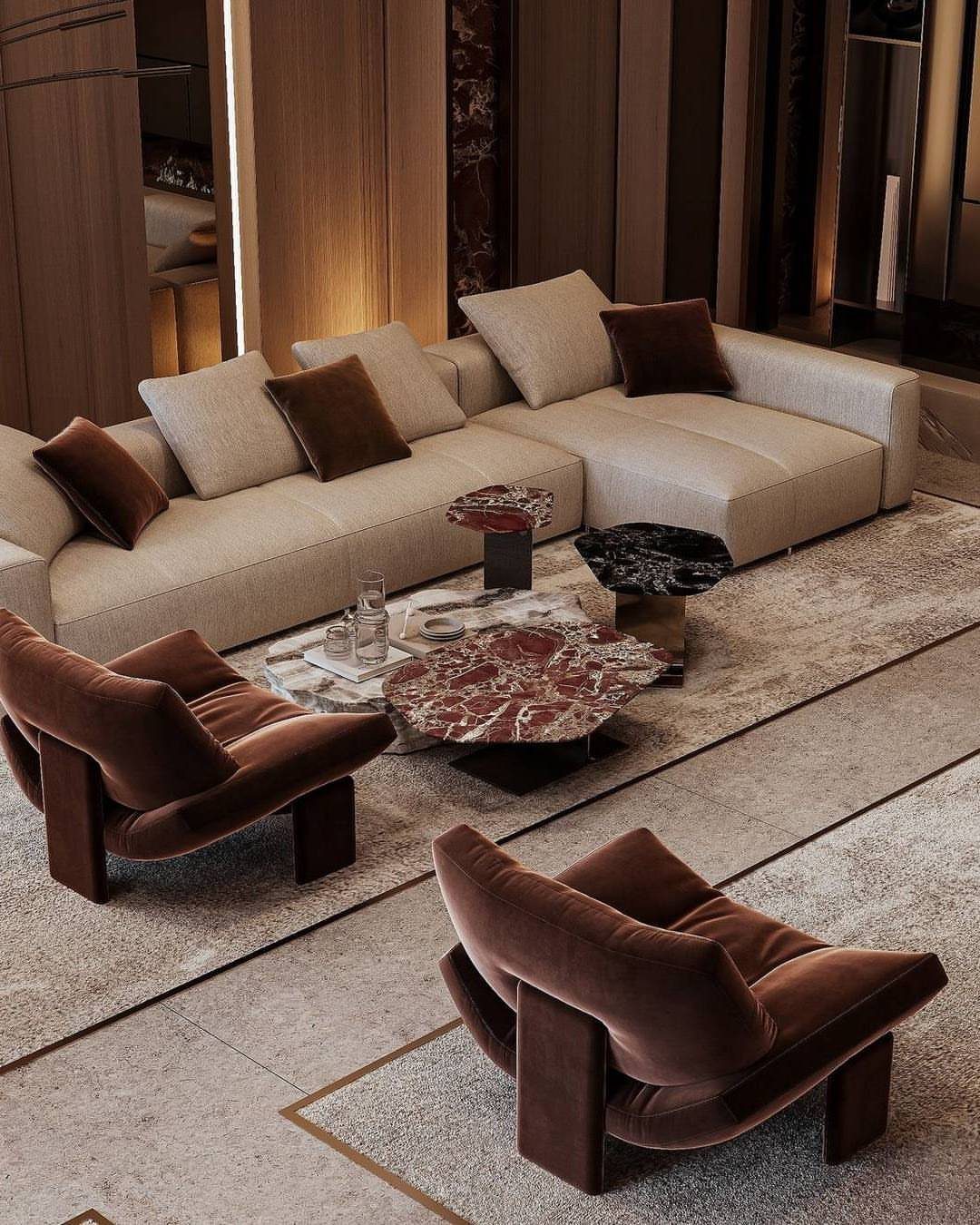 Organic shaped marble side tables in a dark mid century modern living room