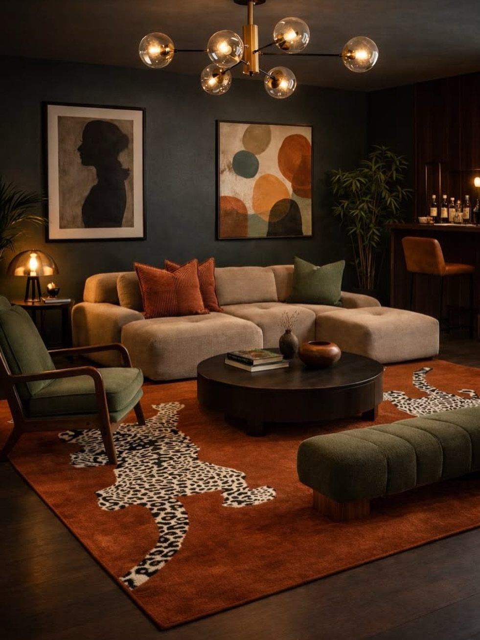Rust-colored rug with white animal patterns in a dark mid-century modern living room.