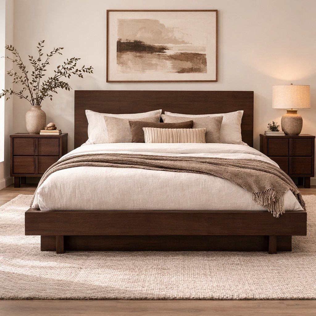Dark walnut wood platform bed and matching nightstands in a neutral bedroom