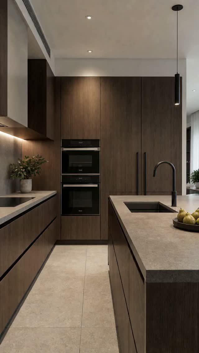 Dark brown wood kitchen cabinets and island with grey countertops and built-in ovens.