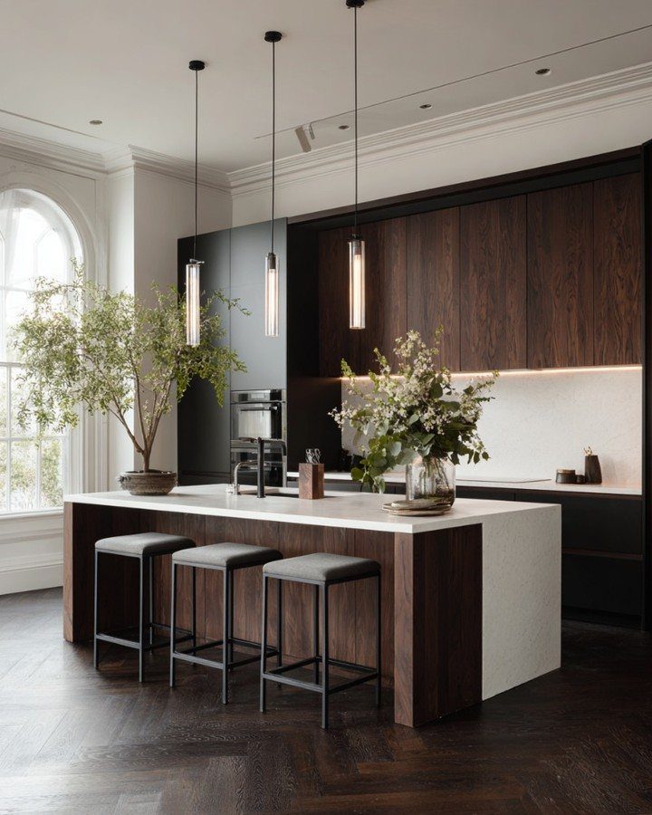Modern kitchen with dark wood cabinets and island against clean white walls