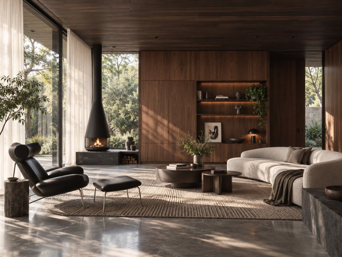 Modern living room with dark wood wall and ceiling paneling and large windows.