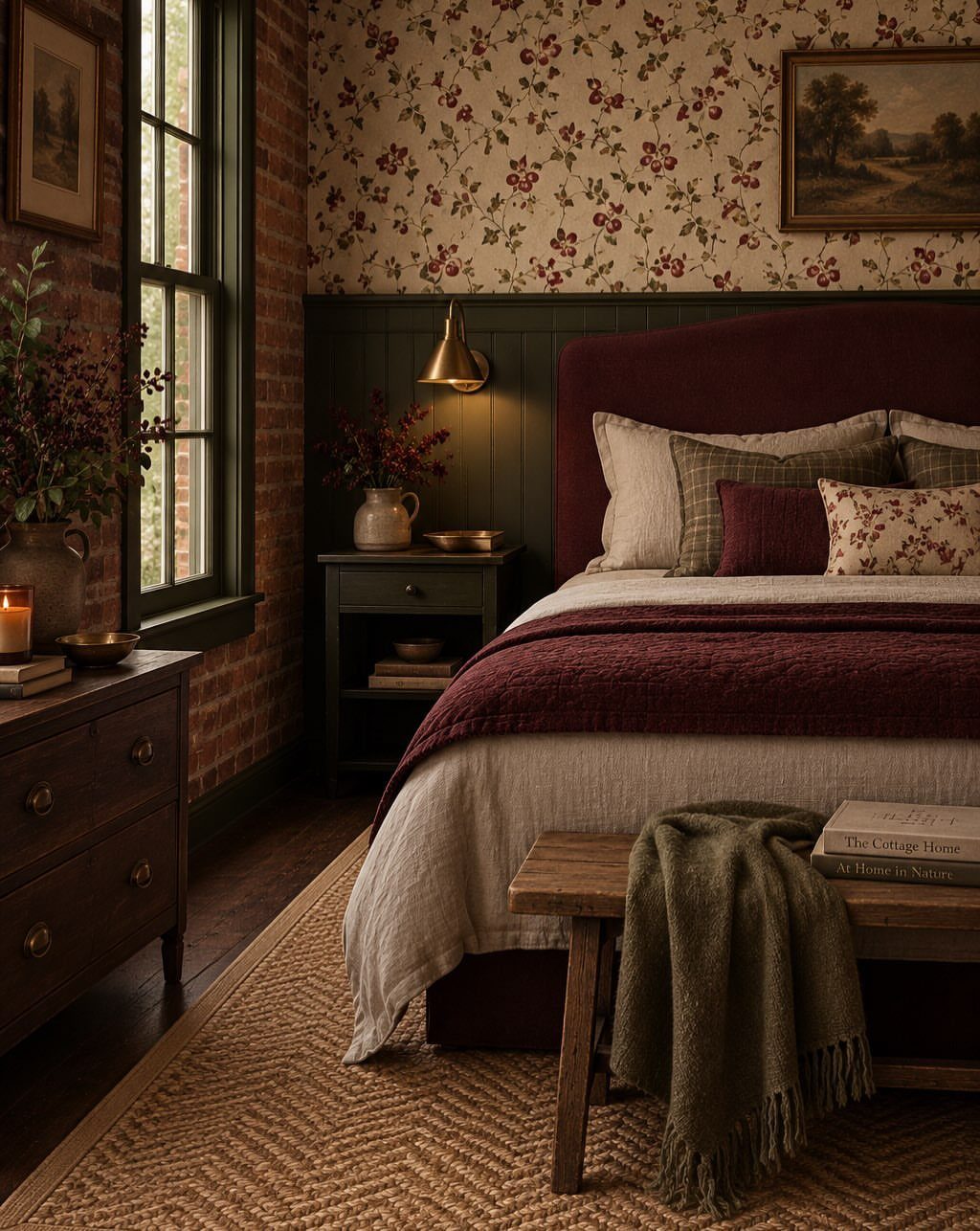 Cozy bedroom with dark wood furniture, burgundy bedding, and floral wallpaper.