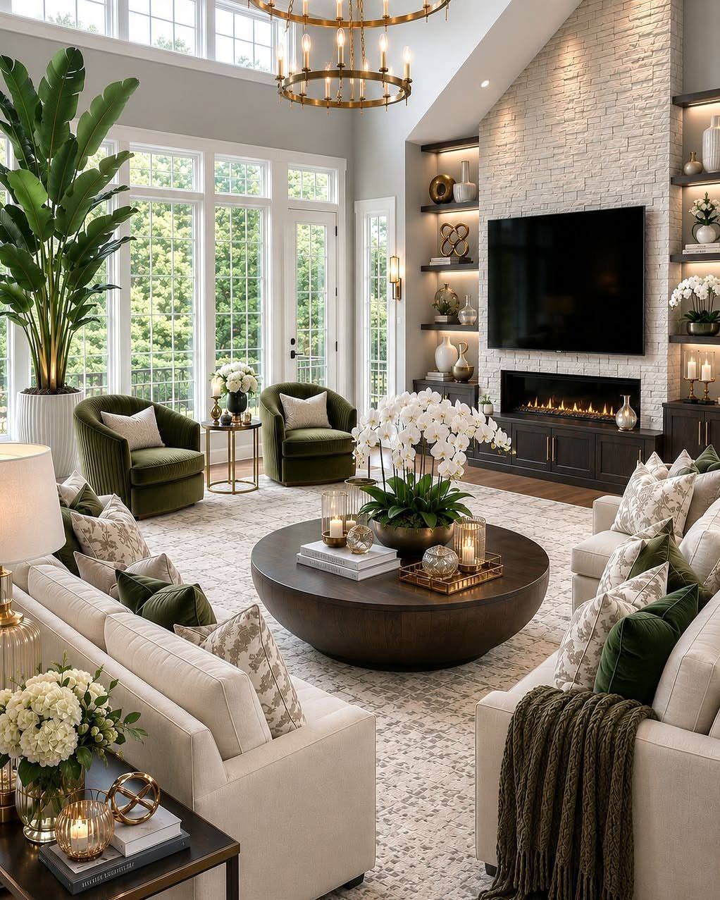 Modern living room with cream sofas, green chairs, and a stone fireplace wall.