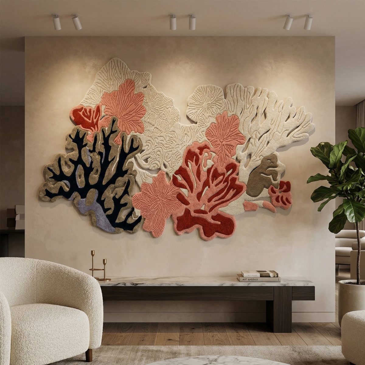 Textured coral-shaped textile wall hanging in red and blue on a beige wall.