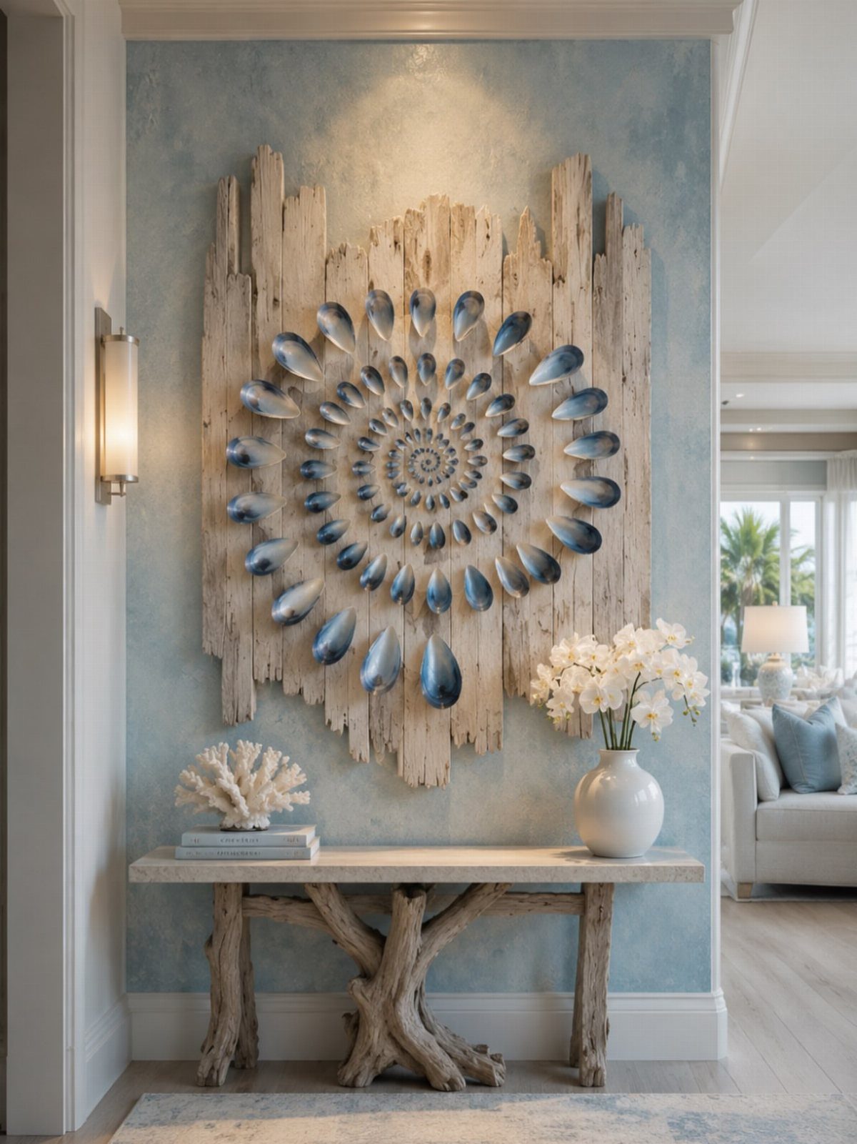 Spiral blue shell wall art on distressed wood above a driftwood console table