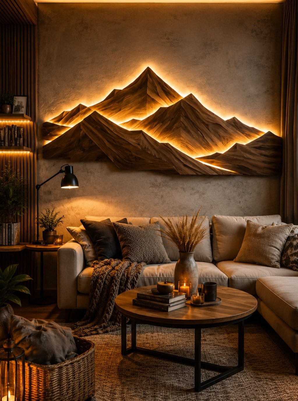 Backlit wooden mountain wall sculpture above a beige sofa in a cozy living room
