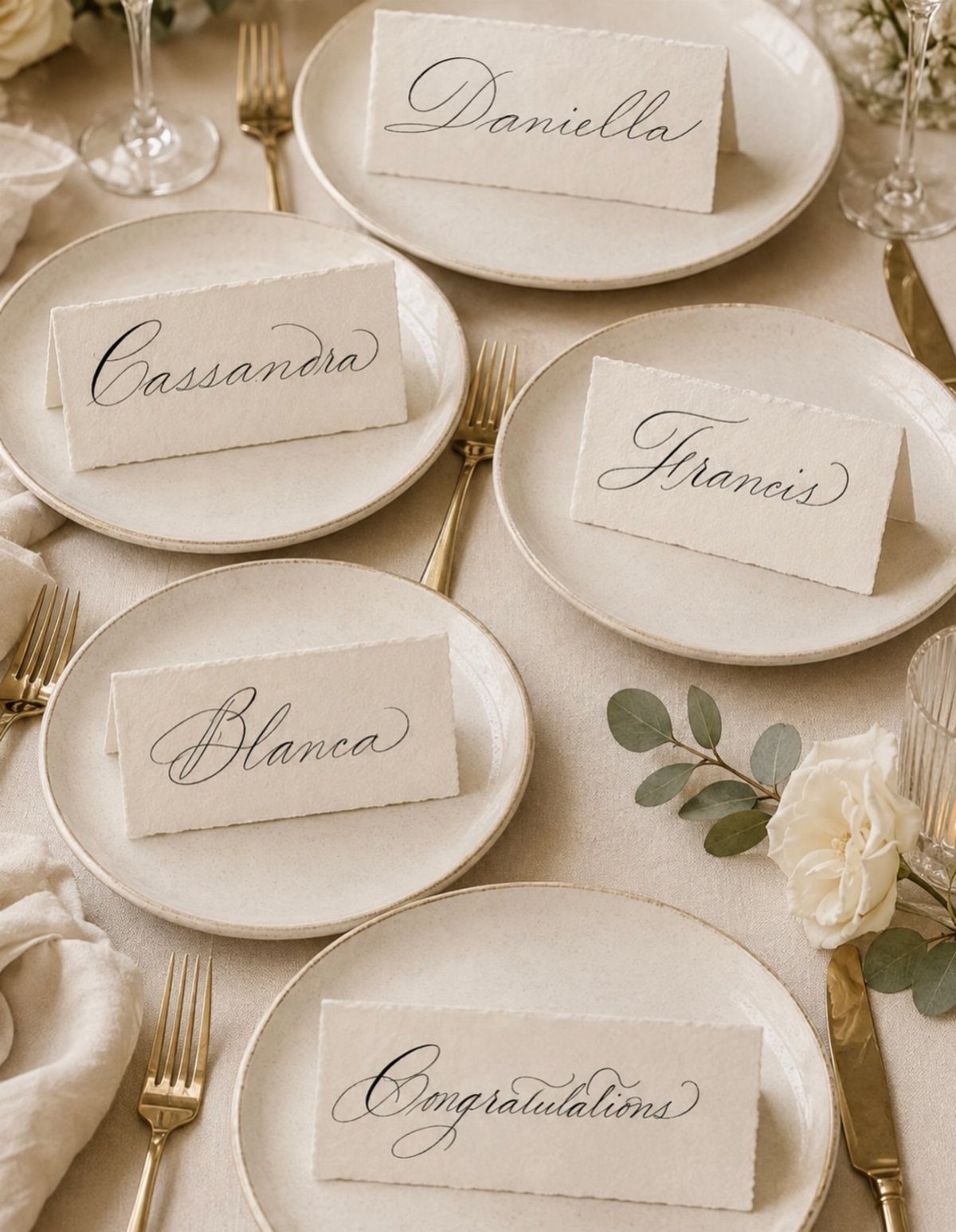 White folded name cards with calligraphy on white plates with gold cutlery.