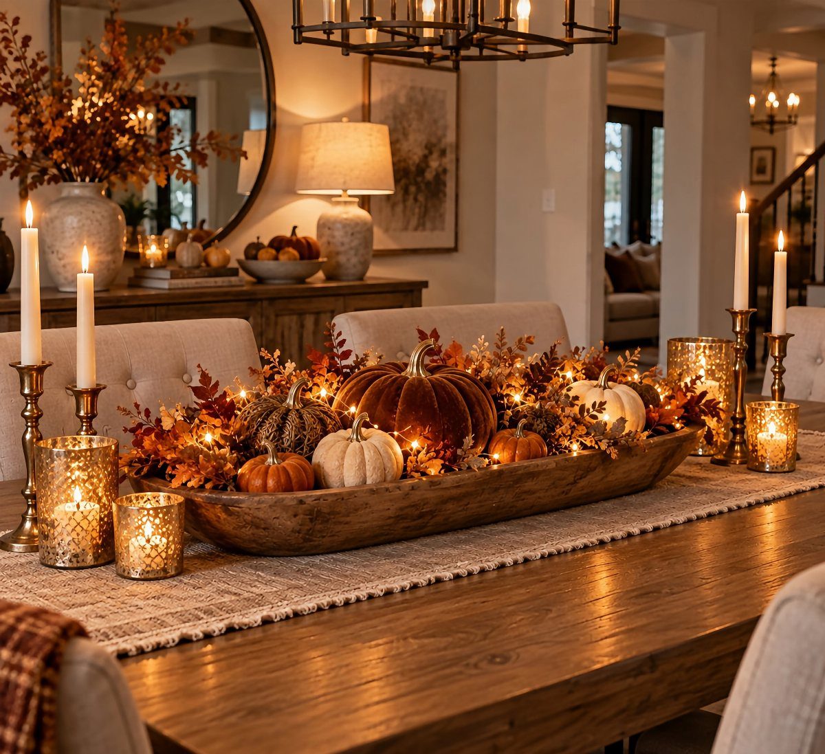 Autumn dinner table centerpiece with pumpkins and leaves in a wooden bowl