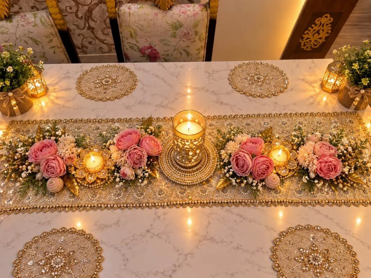 Marble dinner table with gold beaded runner, pink roses, and glowing candles.
