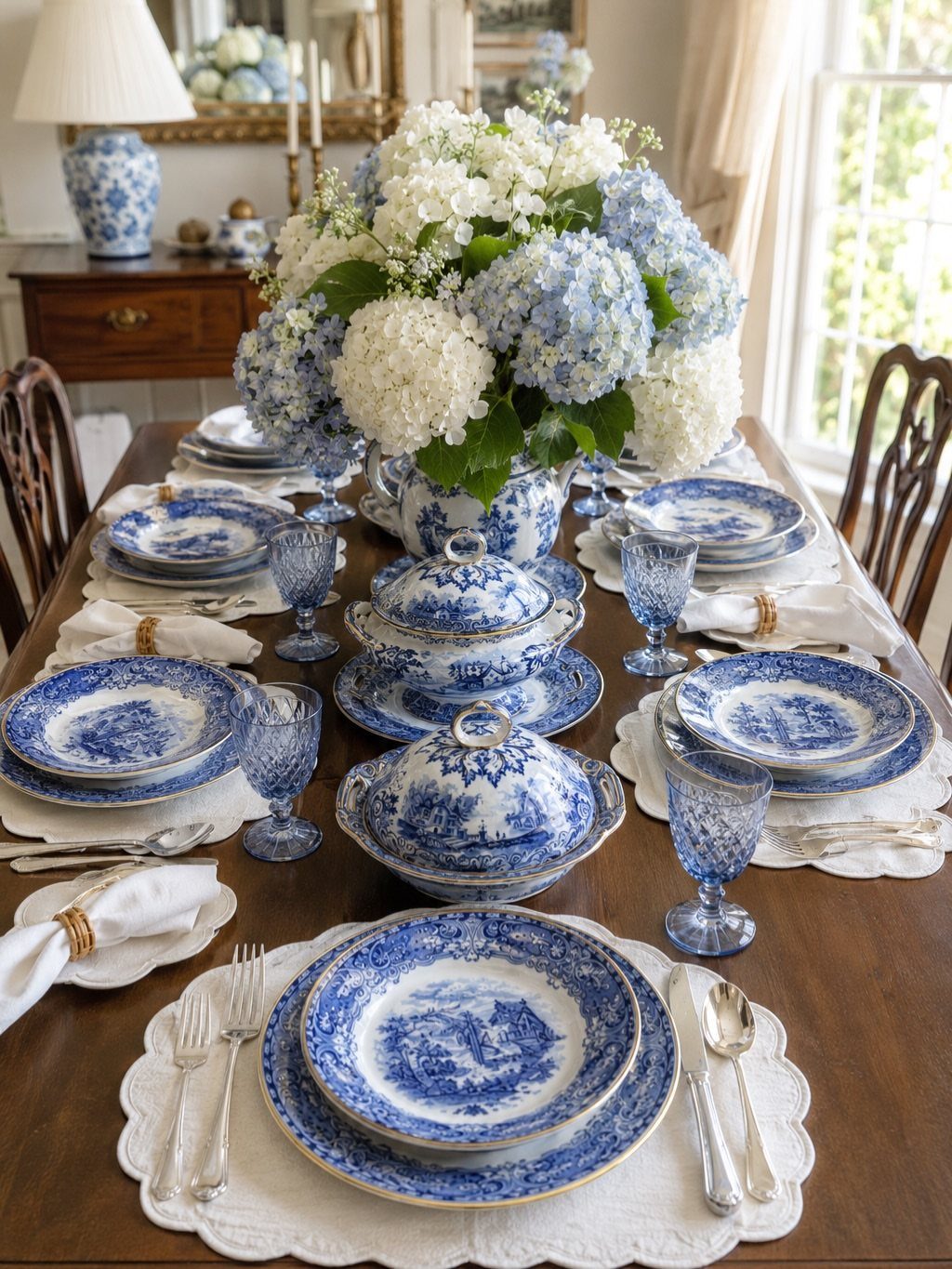 Blue and white patterned ceramic dinnerware and a hydrangea centerpiece on a wooden table.