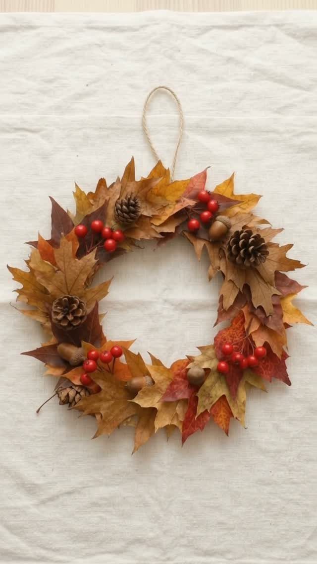 Autumn wreath with maple leaves, red berries, and pinecones on white fabric