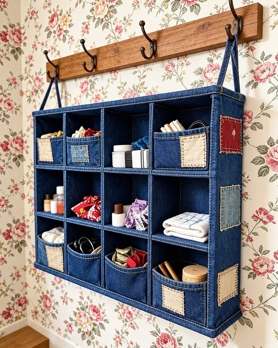 Denim wall organizer with pockets hanging on a wooden rack against floral wallpaper.