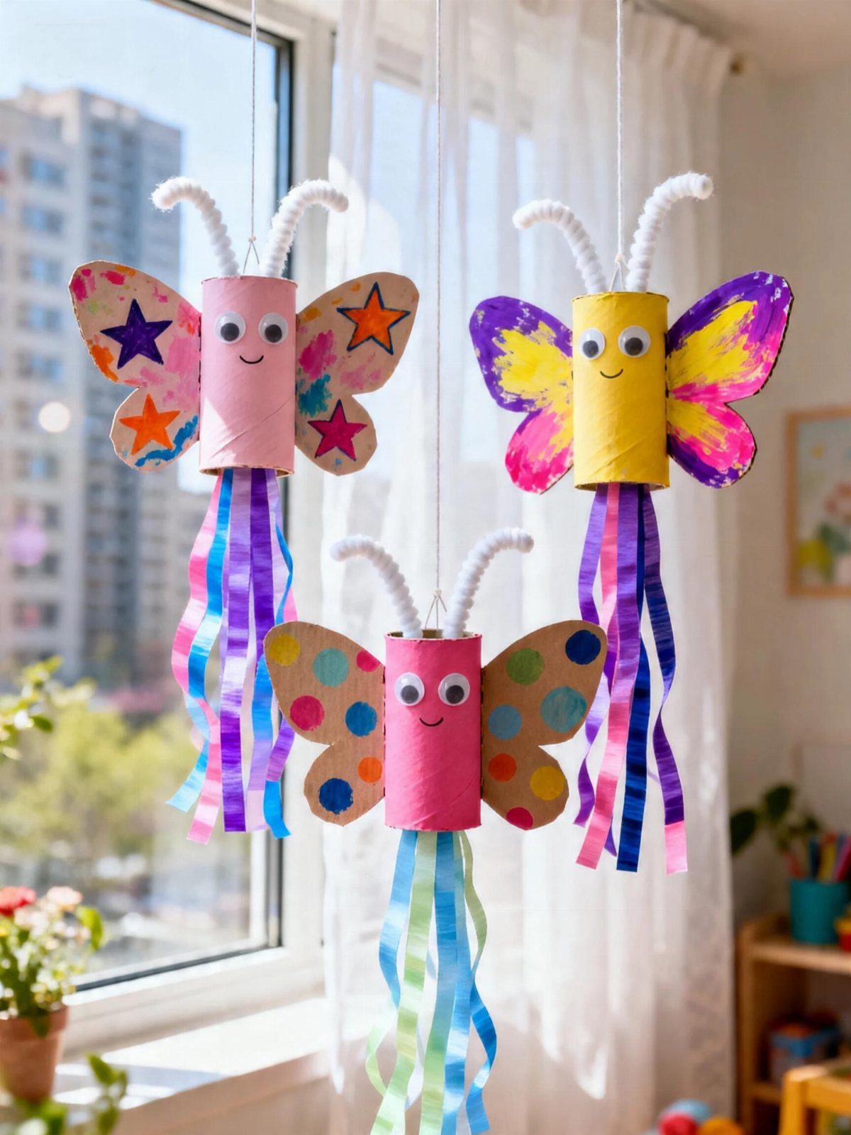 Three colorful handmade paper butterflies hanging by strings in front of a window.