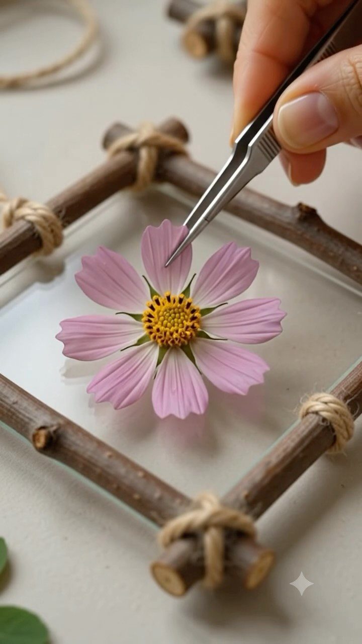 Pink cosmos flower being placed in a rustic twig frame with tweezers