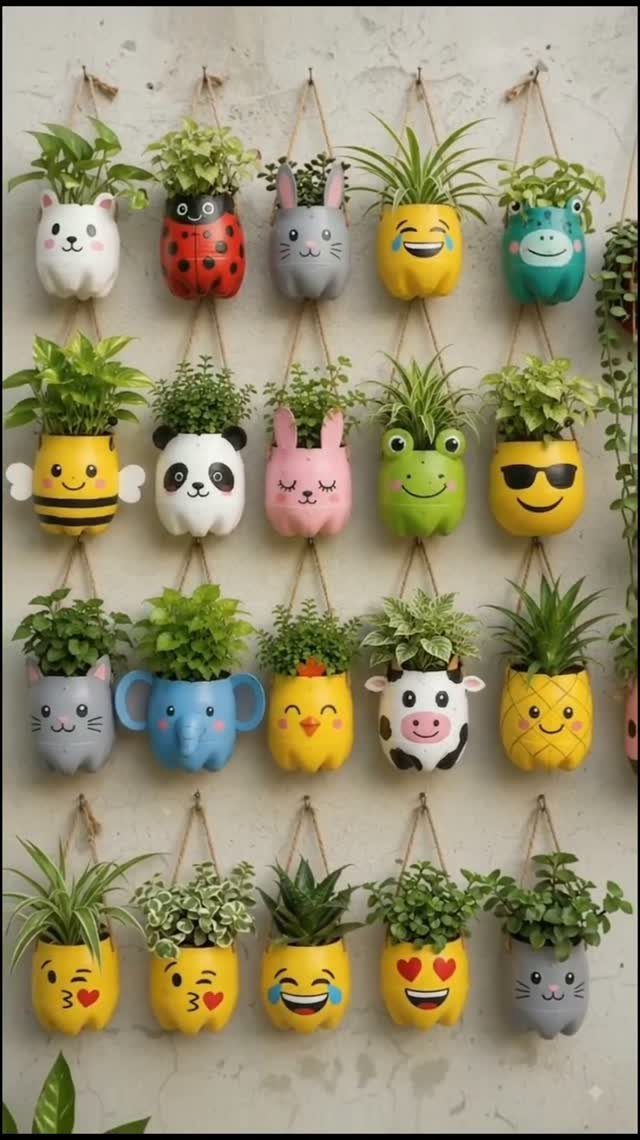 Colorful animal and emoji painted plastic bottle planters hanging on a wall.