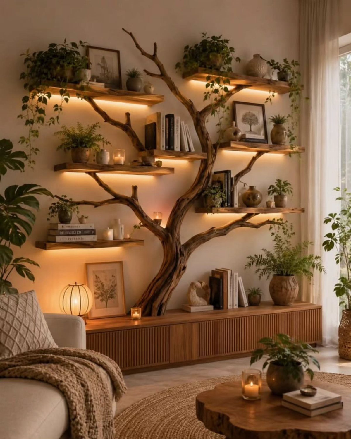 Tree-shaped wooden wall shelves with warm lighting holding plants and books in a room.