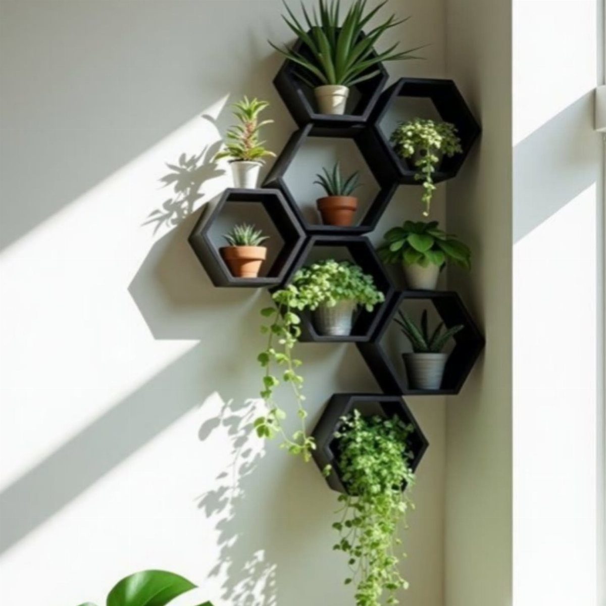 Black hexagonal honeycomb wall shelves holding various small potted green indoor plants