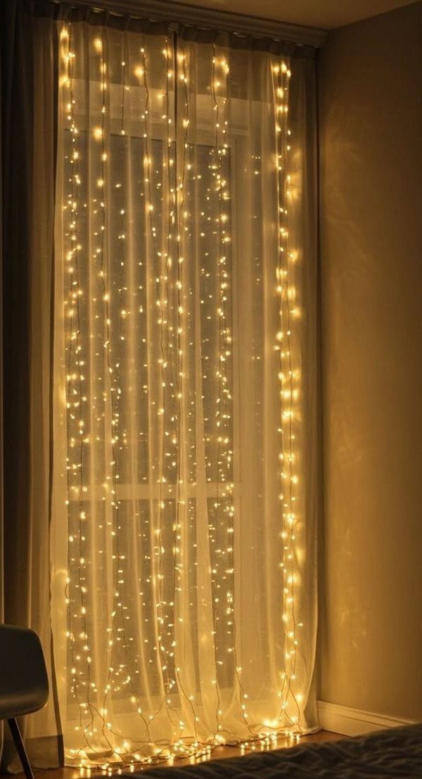 Warm yellow fairy lights hanging behind sheer white curtains in a bedroom