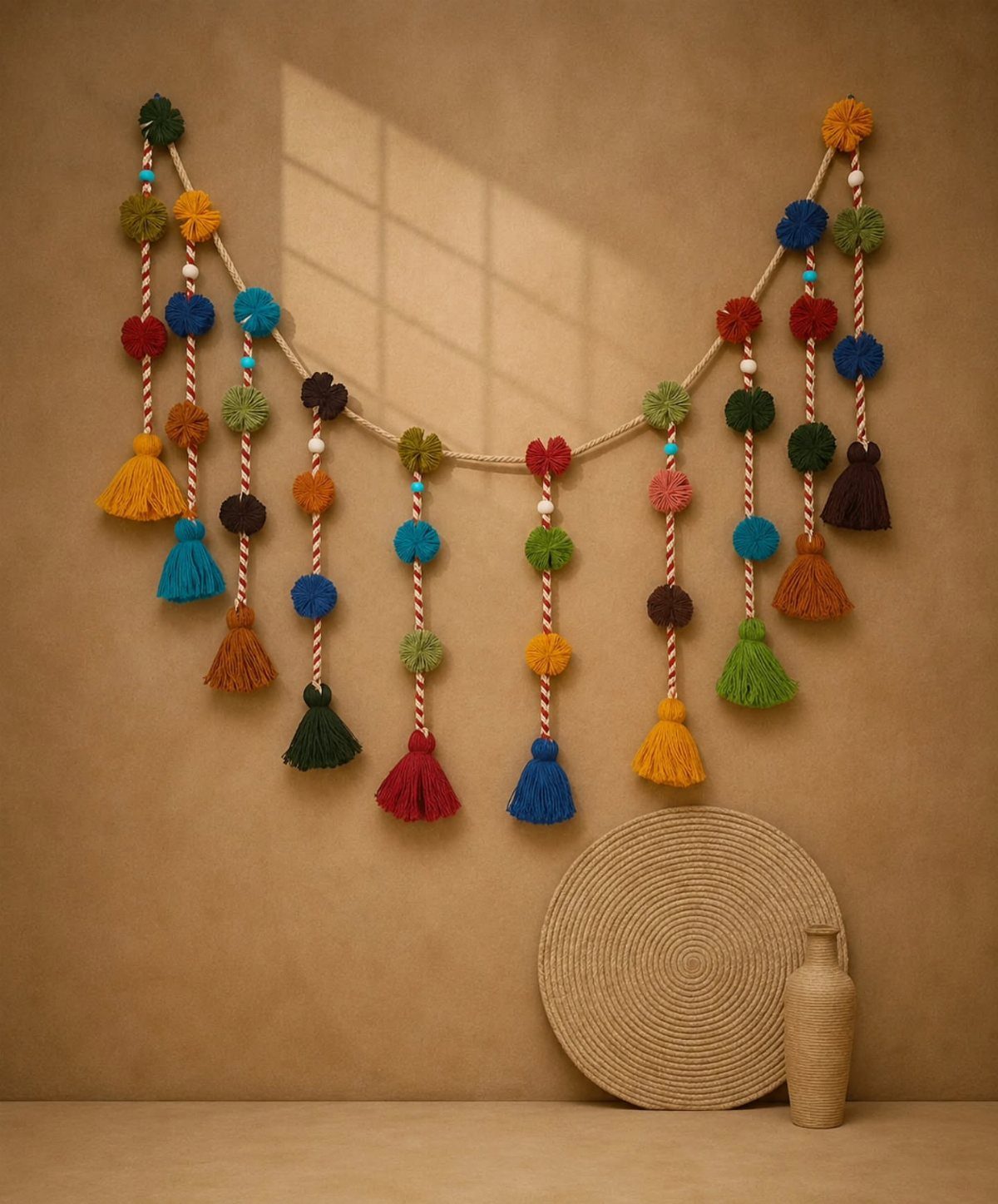 Colorful yarn garland with pom-poms and tassels hanging on a neutral beige wall.