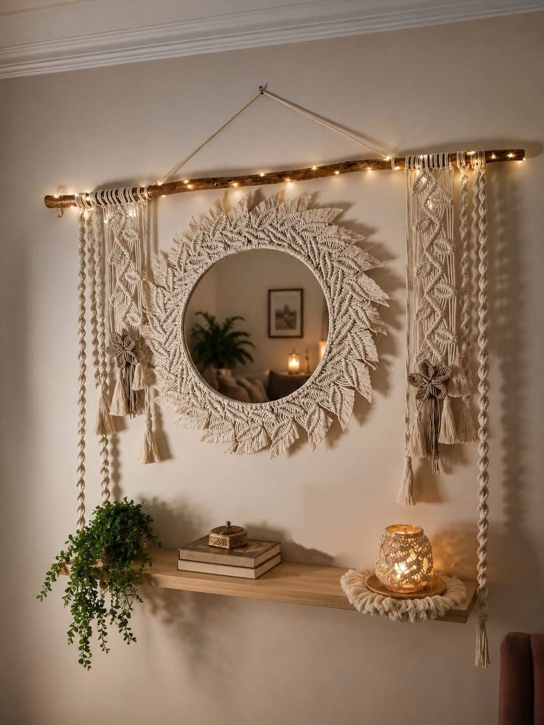 Round mirror with white macrame sunburst frame and hanging macrame tassels on wall