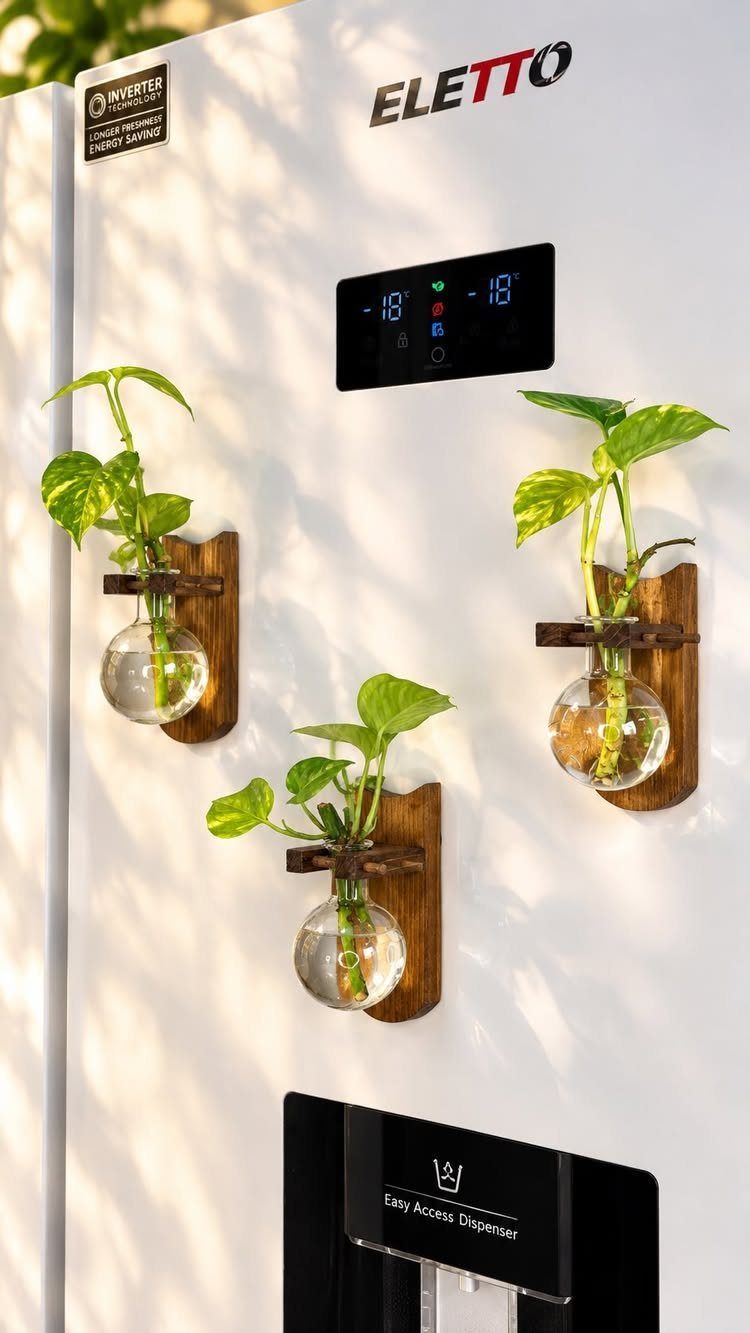 Three small glass globe planters with green plants attached to a white refrigerator.