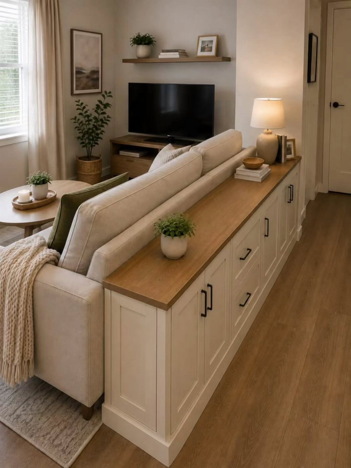 White built-in storage unit with wooden top behind a beige living room sofa