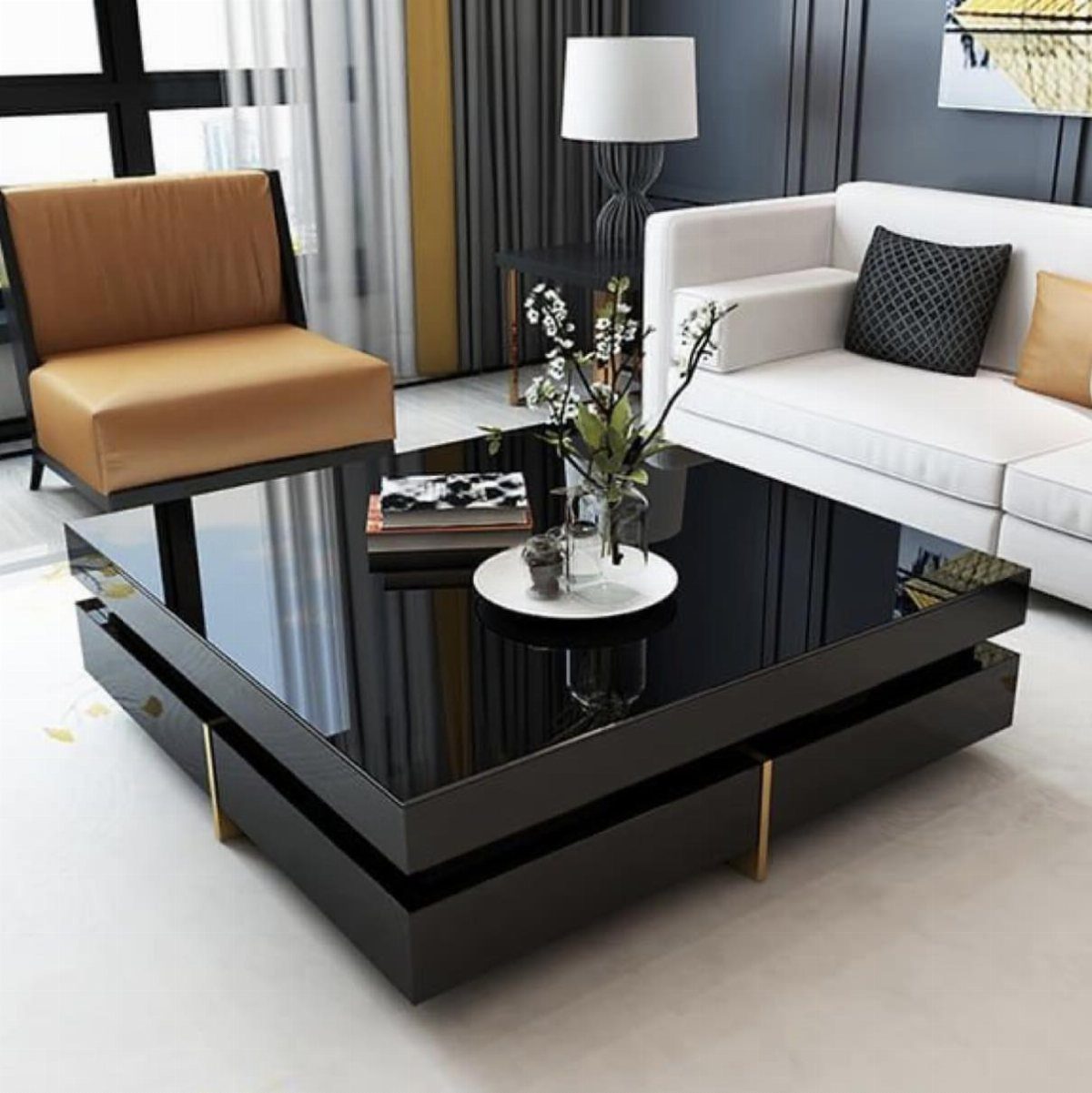 Black glossy square coffee table with decor in a modern living room setting