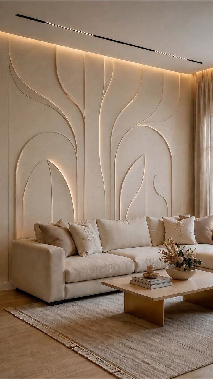 Cream sofa and wooden coffee table against a sculpted wall with organic curved panels