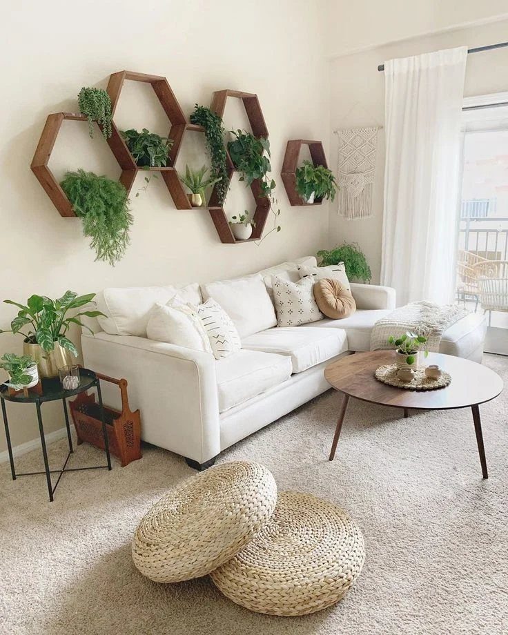 White sectional sofa with wooden hexagonal wall shelves holding green indoor plants.