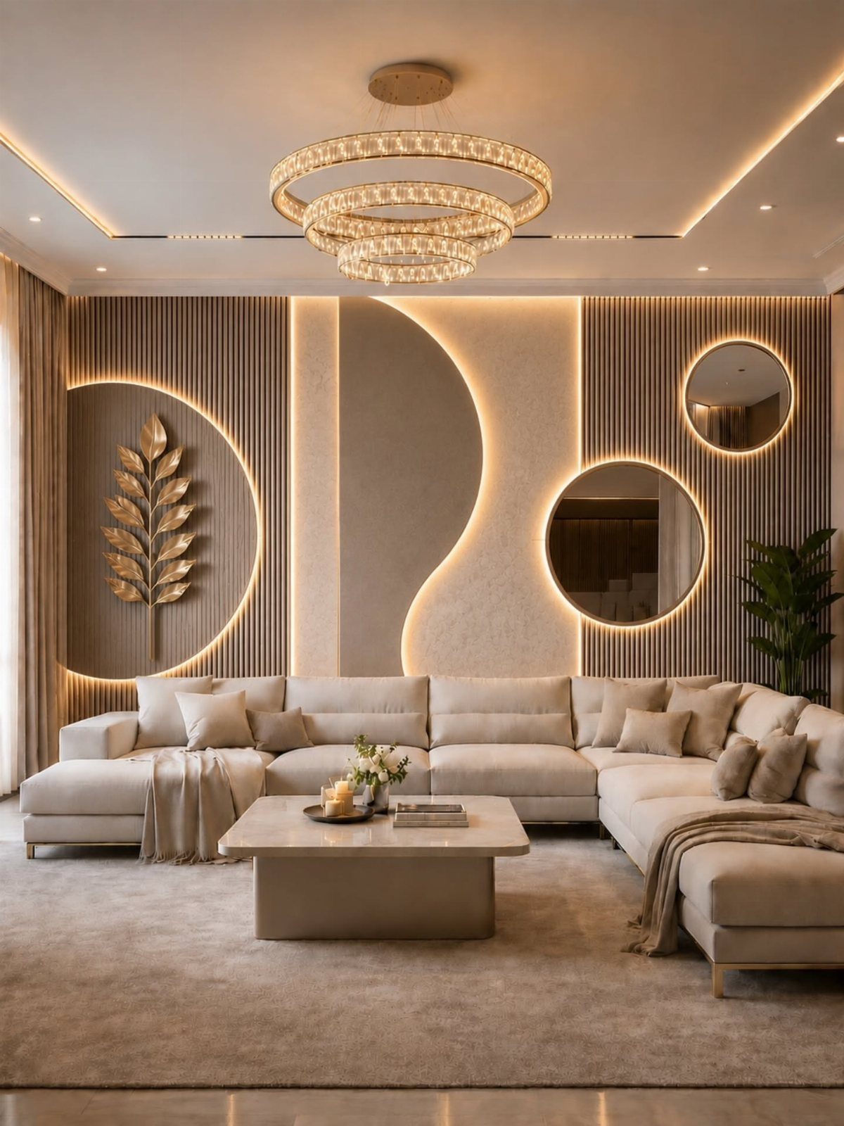 Modern drawing room with beige sectional sofa and fluted wall panels with circular lighting