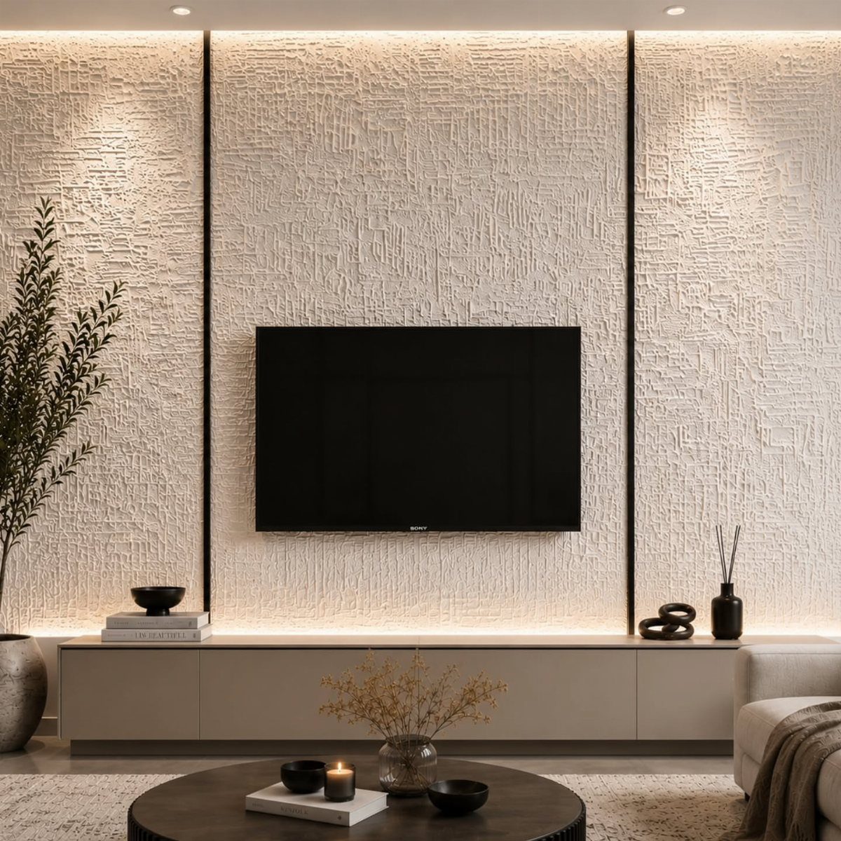 Textured off-white statement wall with a mounted TV and neutral floating console.