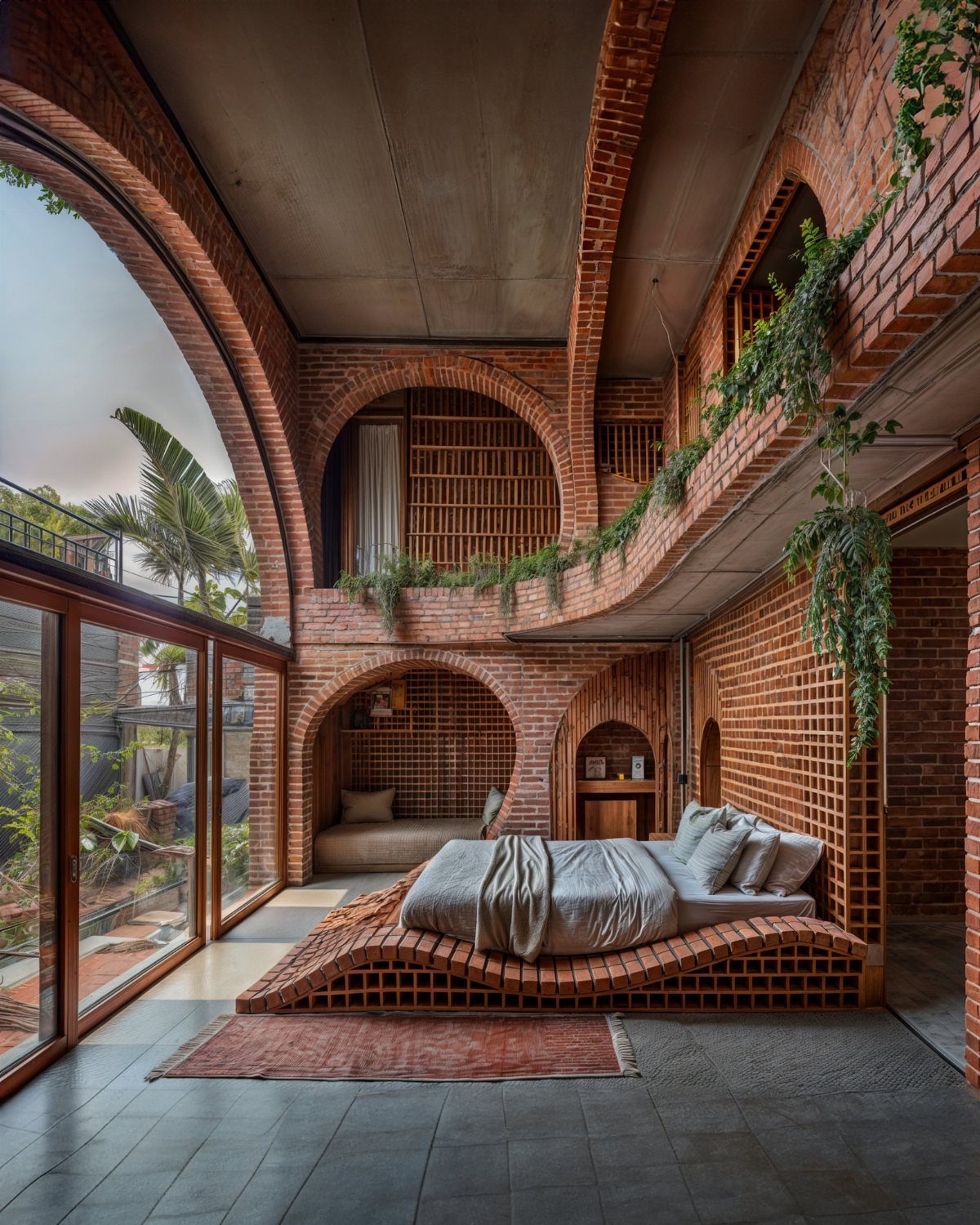 Red brick bedroom with arched walls, a curved bed platform, and hanging greenery.