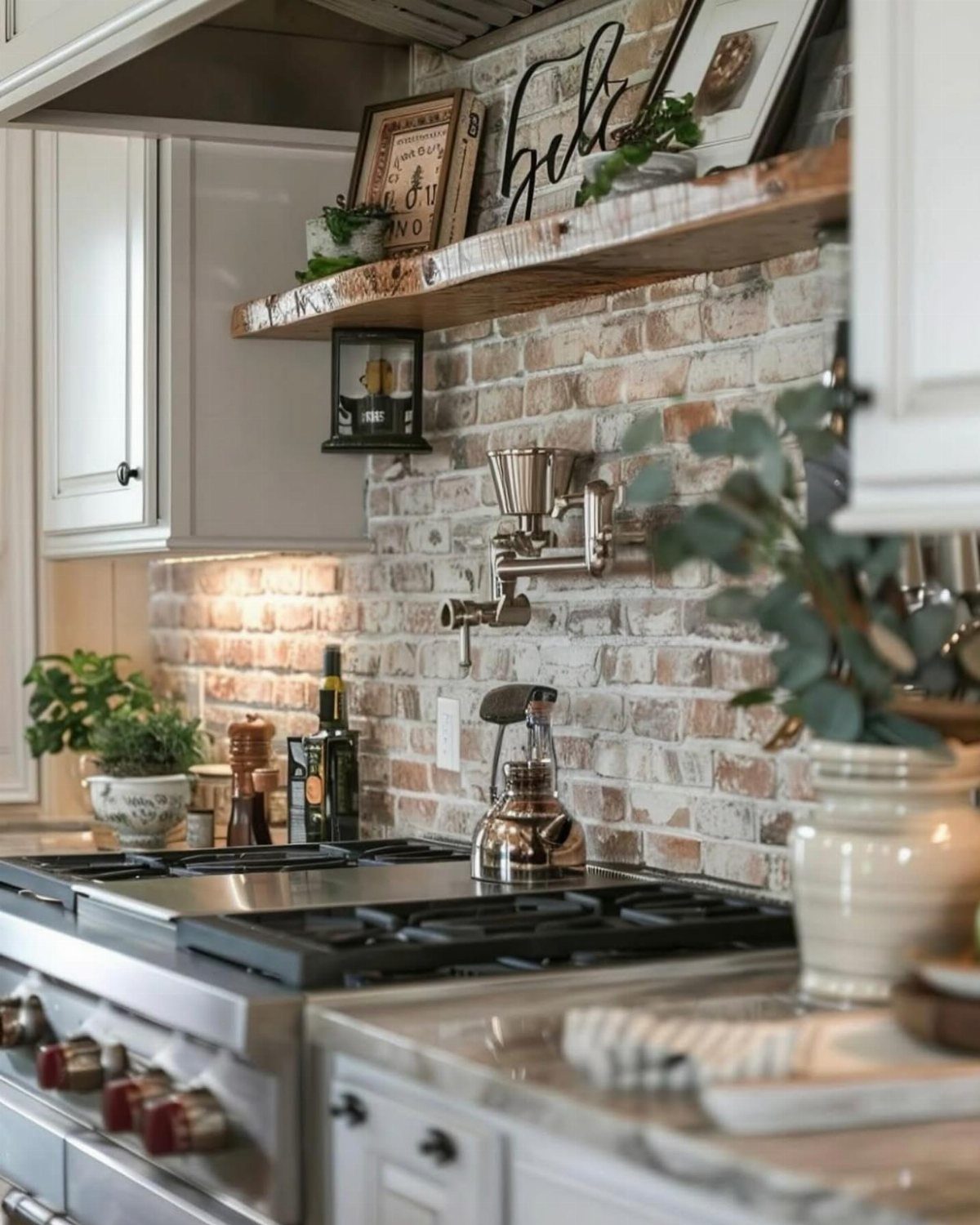 Exposed brick kitchen backsplash behind a stainless steel stove with wooden shelving above.