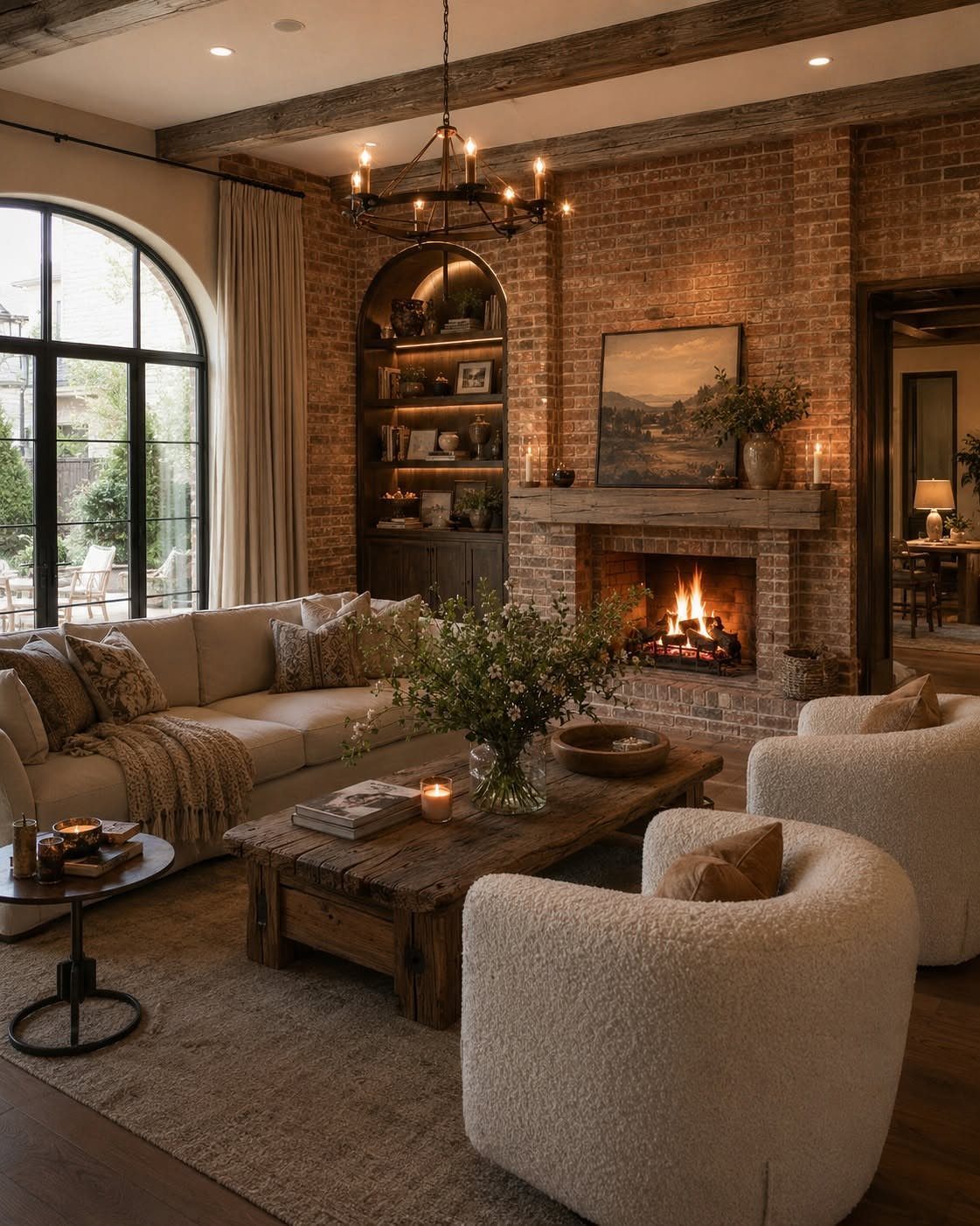 Cozy living room with red exposed brick walls, fireplace, and rustic wooden furniture.